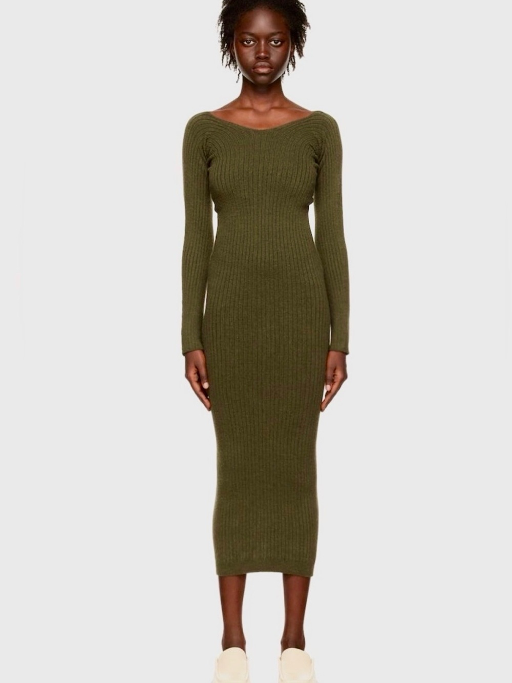 BASERANGE Green Tights Midi Dress Rib Knit Merino Wool Long Sleeve Sz XS